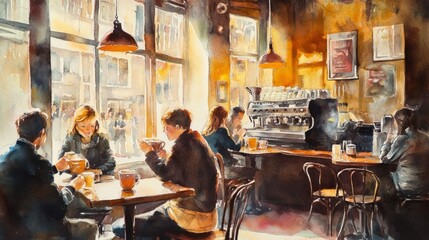 Warm Morning Coffee Watercolor: Cozy Cafe Scene 1