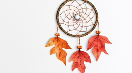 A beautifully crafted dreamcatcher featuring orange leaves, perfect for autumn decor and enhancing spiritual ambiance.