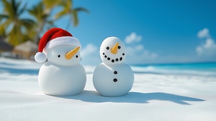 Obraz premium Two snowmen are standing on a beach, one wearing a red hat. The beach is empty and the snowmen are the only things visible