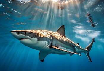 Fototapeta premium Shark swimming near the ocean surface, illuminated by sunlight, showcasing its power and grace as it moves through the water.