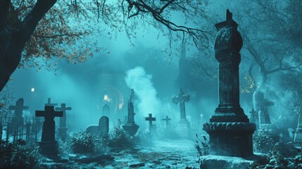 Haunted Cemetery: Spooky 3D Scene with Rising Ghosts and Mist 1
