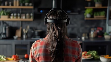 Obraz premium Woman in Virtual Reality Headset in Modern Kitchen