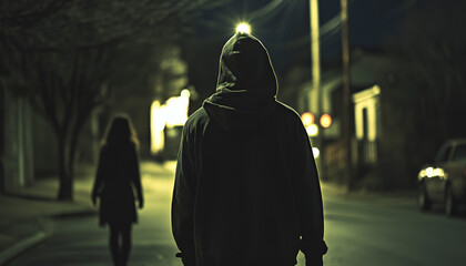 A hooded man follows a woman down a dimly lit urban street at night, creating a tense and ominous atmosphere.

