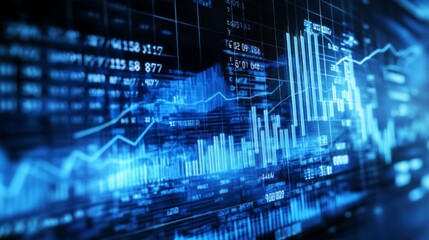 Fototapeta premium A high-resolution image of a business financial graph with rising lines and bars, overlaid with numerical data and set against a clean, professional background.