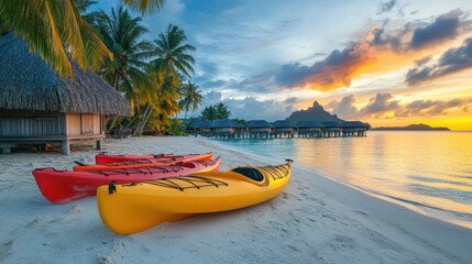 Fototapeta premium Kayak boat in tropical beach with coconut tree at sunset
