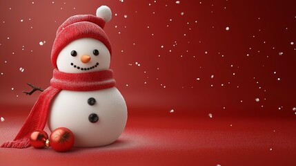 A snowman with a red hat and scarf is sitting on a red background. The scene is festive and cheerful, evoking a sense of winter wonderland and holiday cheer