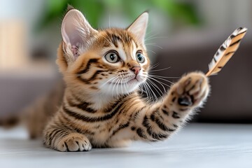 Fototapeta premium A Savannah kitten chasing after a feather, its lively energy and striking features hinting at its wild ancestry