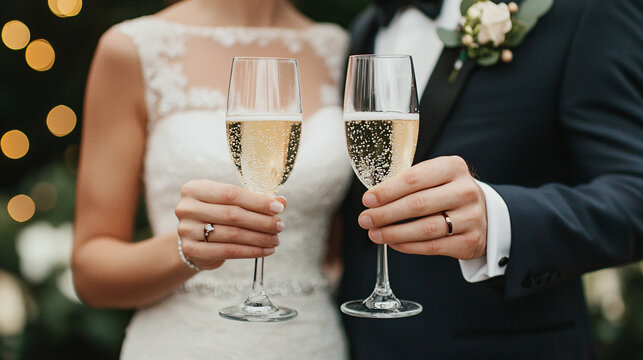 A beautiful wedding celebration featuring newlyweds toasting with champagne glasses