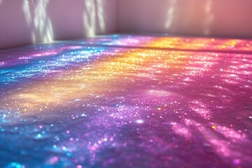 ethereal rainbow light refraction prismatic colors dancing across white surface organic droplet patterns creating dreamy holographic effect