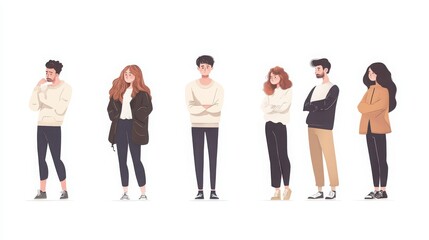 Fototapeta premium Characters in minimalist style, expressing various levels of contemplation, from pondering deeply to looking confused, white background