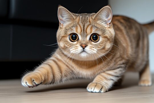 A Scottish Fold cat chasing a laser pointer, its playful nature highlighted by its unique appearance