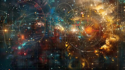 Cosmic convergence  an abstract artwork merging infinite universe with digital patterns