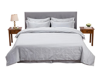 Obraz premium Comfortable gray bed with linens on white background 