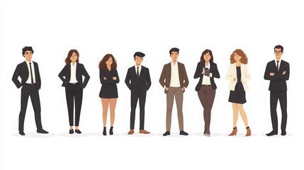 Characters of young business professionals in a minimalist style, displaying emotions like confidence, ambition, and frustration, white background 