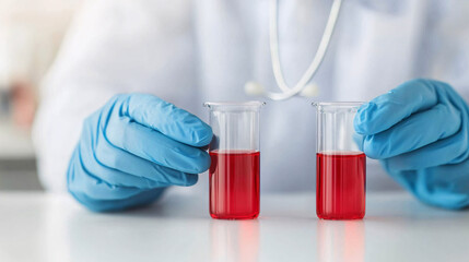 Fototapeta premium A scientist examines colored liquid in test tubes, showcasing laboratory work