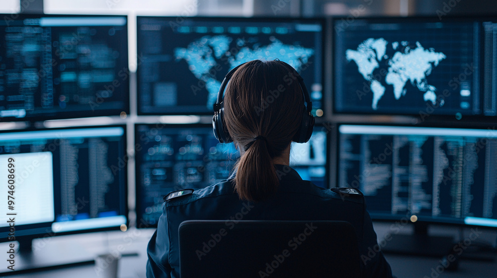 Poster a woman in a headset monitors multiple screens displaying data and maps in a modern command center