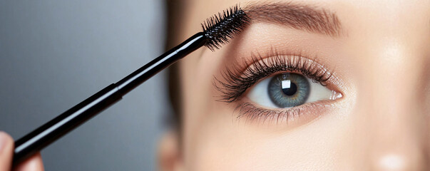 Close-up of a beautifully groomed eyebrow being styled with a brush, highlighting the eye makeup