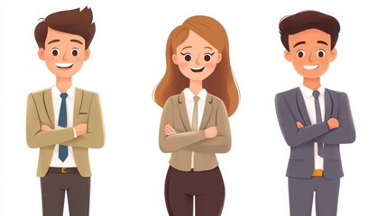 Fototapeta premium Characters of young professionals in business settings, expressing emotions like pride after closing a deal or concern during a meeting, white background 