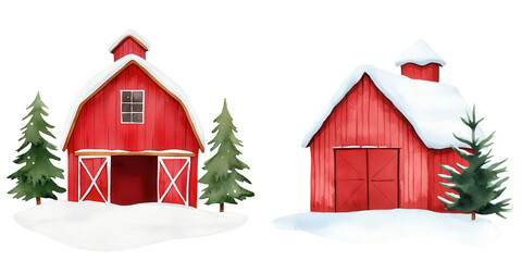 Watercolor Christmas Farm, Watercolor Christmas Farm ornament, Winter scene featuring two red barns surrounded by snow and evergreen trees,  Isolated set on PNGs transparent background