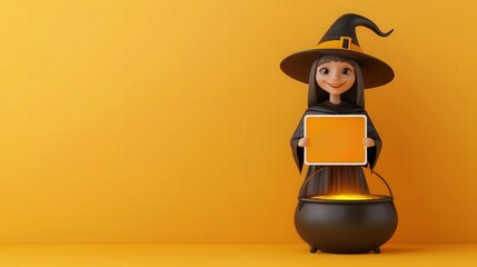 A cheerful witch holding a sign with 50F, standing beside a cauldron against a vibrant yellow background.