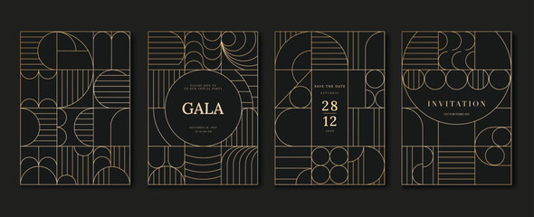 Fototapeta premium Luxury invitation card background vector. Elegant classic antique design, gold lines gradient on dark background. Premium design illustration for gala card, grand opening, art deco.