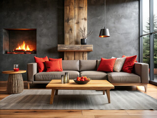 A stylish modern living room with a red sofa, wooden accents, and a cozy fireplace. The dark walls and natural decor create a warm, elegant atmosphere, perfect for contemporary design themes.