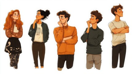 Fototapeta premium Several characters shown in a variety of thinking poses such as holding their hand to their chin, crossing arms in thought, and squinting in confusion, white background