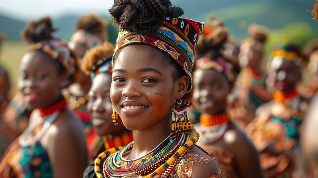 A traditional Zulu reed dance ceremony in South Africa, with young women dressed in traditional attire participating in this cultural ritual. The scene reflects the vibrant traditions and cultural 