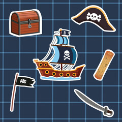 Sticker of pirate elements with treasure chest, pirate hat, sword, ship, skull flag and map. Vector illustration in flat cartoon style