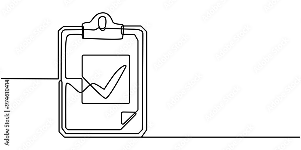 Poster one continuous line drawing of clipboard with checklist. isolated on white background, clipboard wit