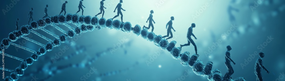 Poster a surreal depiction of evolution on a dna helix, showcasing the connection between movement and gene