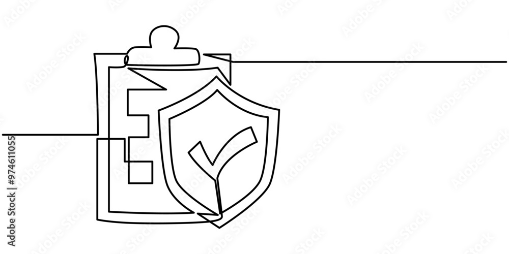 Poster one continuous line drawing of clipboard with checklist. isolated on white background, clipboard wit