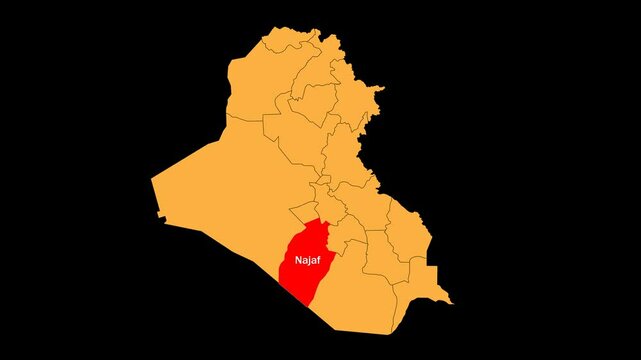 Najaf. map animated video. The location is highlighted on the Iraq map. Colour map with transparent background in video format.