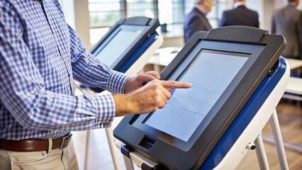 Voter Using Touchscreen Voting Machine at Polling Station