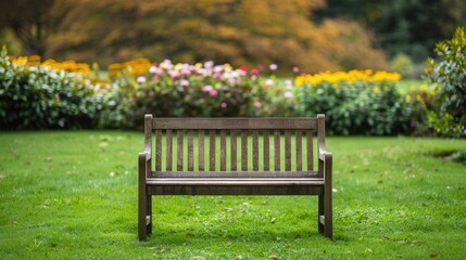 Fototapeta premium Wooden Bench Surrounded by Blooming Flowers in a Tranquil Green Field, Inviting Serenity and Peaceful Reflection Amidst Nature's Beauty