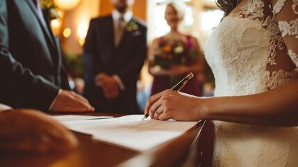 Intimate Ceremony: Bride and Groom Sign Wedding Documents