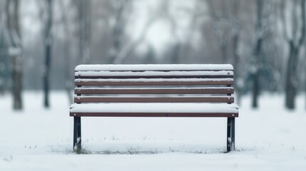 Serene Winter Retreat, a snow-blanketed park bench fades into a gentle blur, embodying the tranquility and solitude of a quiet winter landscape.