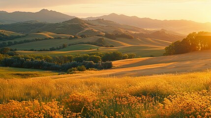 Obraz premium Rolling Hills and Golden Grass at Sunset in a Picturesque Landscape
