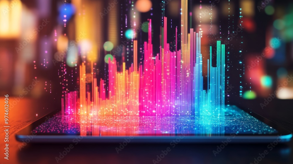 Poster vibrant data visualization on a digital tablet, illustrating colorful information in a creative and 