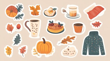 Vector set of autumn cozy stickers with food, leaves and clothes