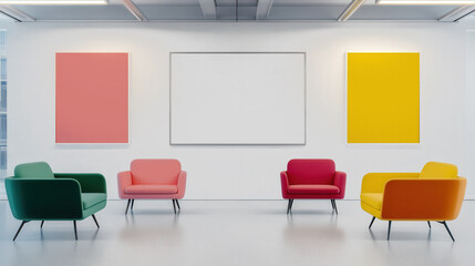 Vibrant Collaborative Workspace, an engaging office filled with colorful furniture, inspiring artwork, and a blank wall inviting personalized messages or branding.