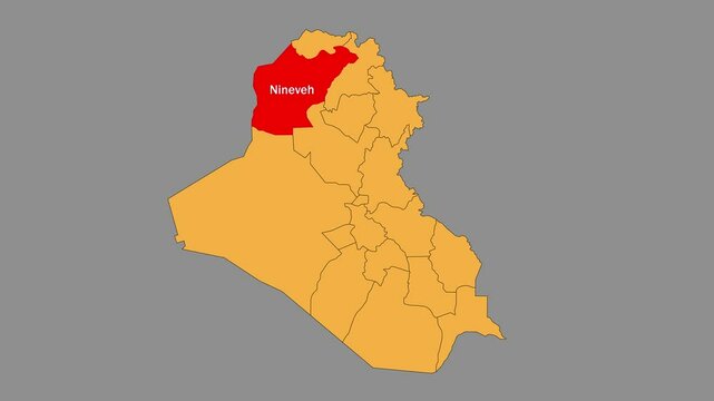Nineveh map animated video. The location is highlighted on the Iraq map. Colour map with Gray background in video format.