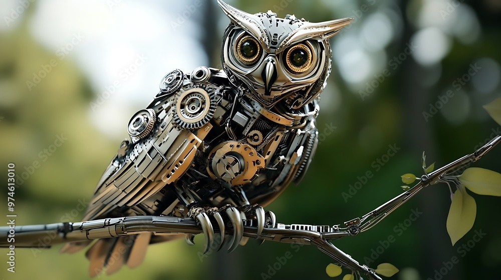 Wall mural Mechanical Owl Perched on a Branch.