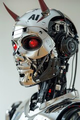 Fototapeta premium Robot devil with the inscription AI on his head. With fiery eyes and an AI label, this Robot devil embodies the chaotic potential of artificial intelligence in a vivid, playful design.