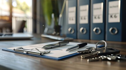 A desk with a blue folder, a pen, and a key