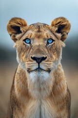 Fototapeta premium Close-up photo of a blue eyed lioness. A blue-eyed lioness stands poised in her habitat, her gaze a reflection of both beauty and the wild's untamed spirit.