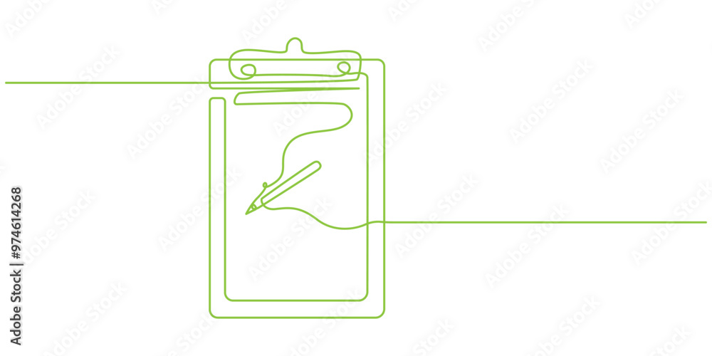 Poster one continuous line drawing of clipboard with checklist. isolated on white background, clipboard wit