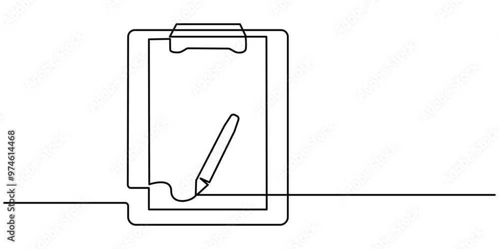 Poster one continuous line drawing of clipboard with checklist. isolated on white background, clipboard wit