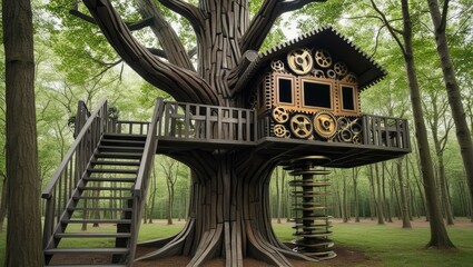Tree house. Vintage gear mechanism, art and engineering combined