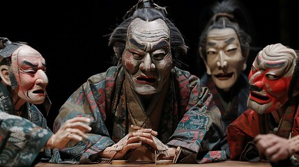 Fototapeta premium A traditional Japanese Bunraku puppet theater performance, with skilled puppeteers bringing life to large, intricately designed puppets. The scene captures the artistry and cultural significance 